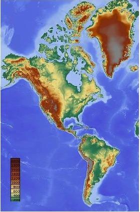 GEOMORFOLOGIA DO CONTINENTE AMERICANO Mapa topográfico do continente americano O relevo das Américas é de formação geológica antiga, apresentando um número maior de bacias sedimentares e um caráter