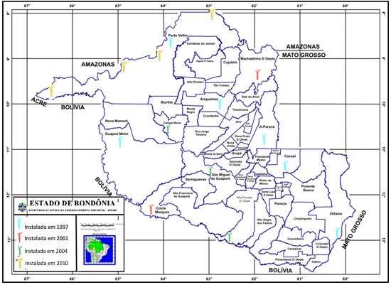 Figura 1 - Distribuição Geográfica das Estações Meteorológicas Automáticas de superfície que compõem a Rede de Estações Meteorológicas de Rondônia (REMAR).