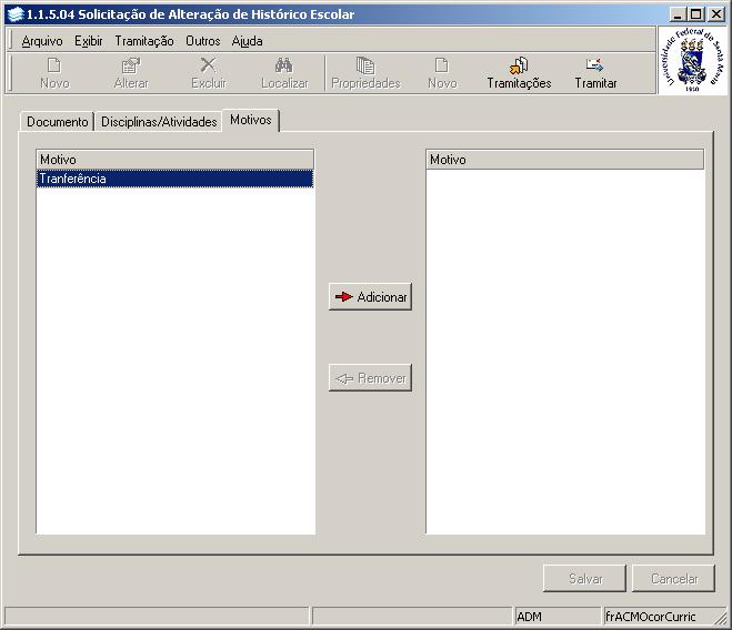 4.4. Guia : Motivos Nesta guia (Figura 29),serão visualizados os motivos da solicitação de alteração do histórico escolar, para adicionar ou remover um motivo acione os botões <Adicionar> ou