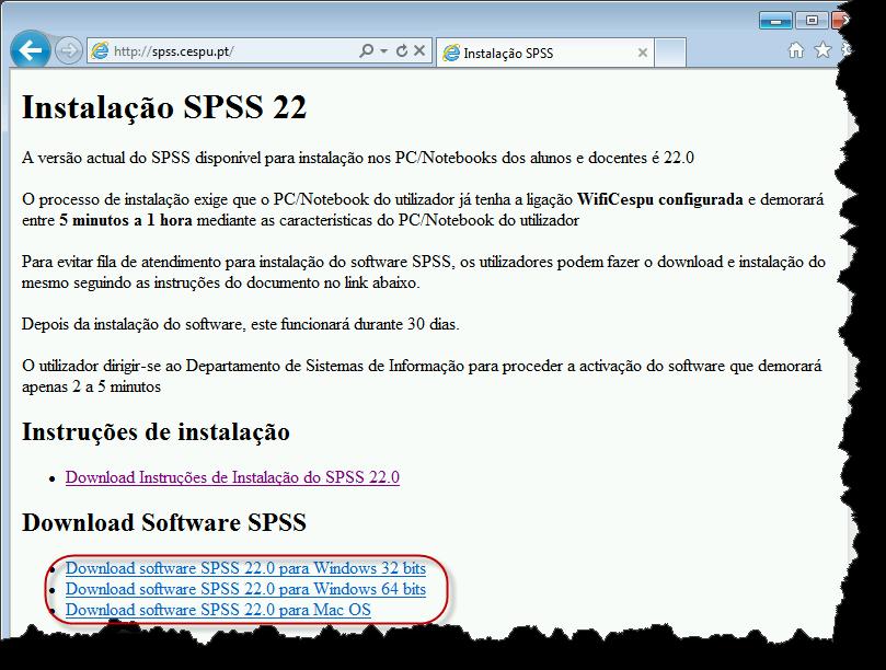 5. Na pagina http://spss.cespu.pt escolhe o download do SPSS 22.