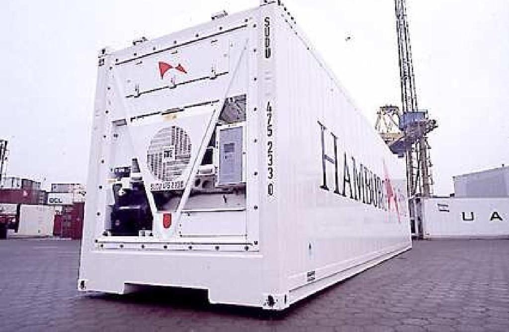 Contêiner Integrado Reefer - Esse container possui um gerador que mantém a mercadoria constantemente em baixa temperatura.