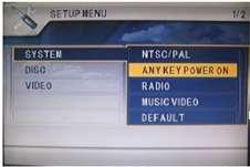 4.1.3. RADIO: Figura 2.0 Menu System / Opção ANYKEY POWER ON A opção Rádio permite uma escolha entre as bandas EURO MODE ou E.U.A. MODE, essas opções permitem alterar os intervalos de frequência do sintonizador AM / FM no rádio.