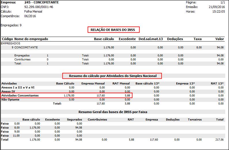 4.5 Na Relação de Bases do INSS, na coluna Resumo do cálculo por Atividades do Simples Nacional, serão demonstradas as bases de cálculo e valores dos encargos conforme atividade que o empregado está