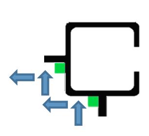 Encruzilhadas podem conter uma marcação em fita verde de 2,5cmx2,5cm (ou pintura no chão na mesma cor) na intersecção que indica a direção que o robô deverá