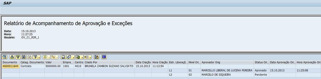 ZEPRMM012 - Consultar Histórico de Aprovações Workflow 1 OBS: Note que o documento foi aprovado na primeira alçada competente e encontra-se