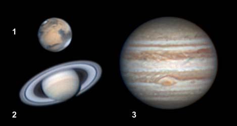 Imagens dos planetas Marte (1), Saturno (2) e Júpiter (3). Telescópio Schmidt-Cassegrain de 254 mm de abertura.