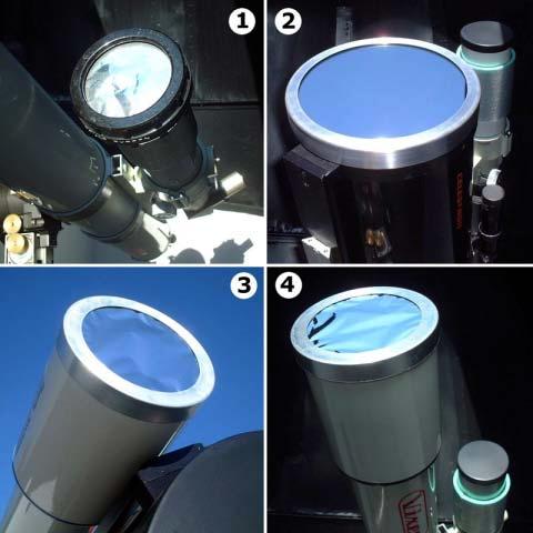 Figura 4- Filtros frontais para observação e fotografia Solar: 1- Mylar (Solar skreen), montado num telescópio Takahashi FS60; 2- Thousand Oaks, montado num telescópio C8, 3- Baader Planetarium,