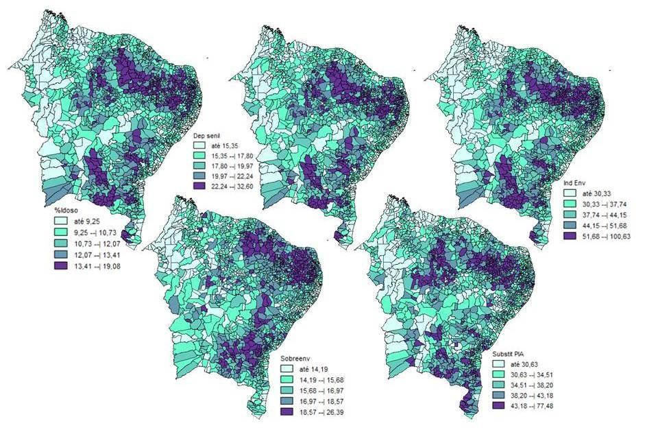 Figura 01. Distribuição espacial dos Indicadores demográficos de Envelhecimento no Nordeste do Brasil. Fonte: Silva, 2016.