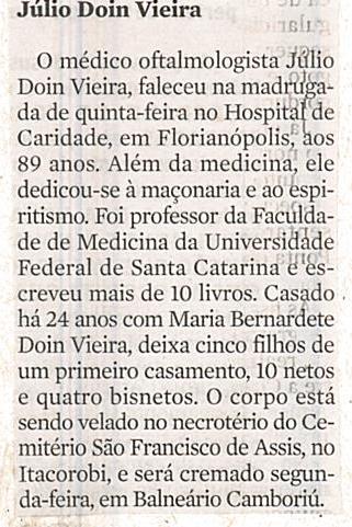 Diário Catarinense Obituário Júlio Doin Vieira Júlio Doin Vieira / Hospital de Caridade / Florianópolis /