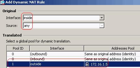 Selecione Configuration > Firewall > NAT Rules > Add Dynamic NAT Rule