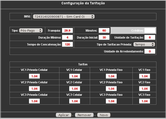 Configuração de Tarifação Submenu Tarifação Neste menu é configurado as tarifas