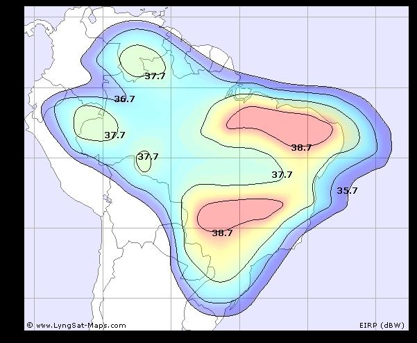 Mapa de EIRP Satélite BRASILSAT-B4 a 84 W Banda C / 3,6-4,2 GHz EIRP (dbw) Diâmetro da antena de recepção (cm) >42 80 42 80-100 41 90-115