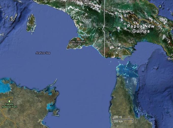 Exemplo de Plataforma Epicontinental: Mar de Arafura, entre Austrália e