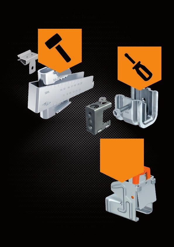 Clips de suspensão A variedade de clips de suspensão permite a fixação de diferentes componentes em construções de suporte em vigas de aço com diversas espessuras.