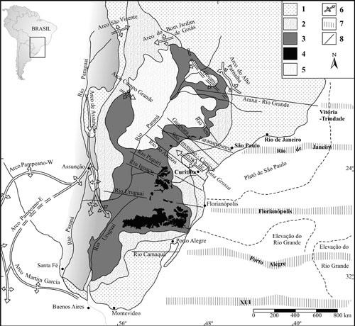 Fábio Braz Machado et al. Figura 1 Mapa Geológico simplificado da Bacia do Paraná mostrando os principais elementos geotectônicos presentes.
