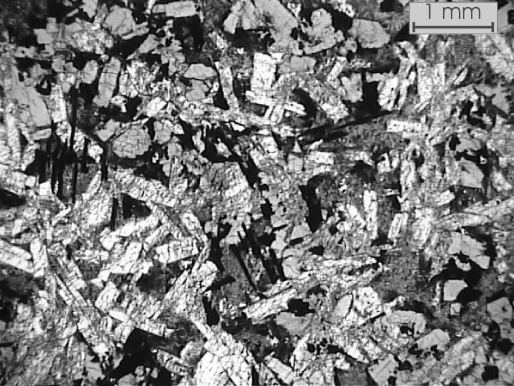 De maneira geral a grande maioria das rochas intrusivas e extrusivas apresentam textura intergranular, onde cristais euhédricos e subhédricos ripiformes de plagioclásio apresentam grãos intersticiais