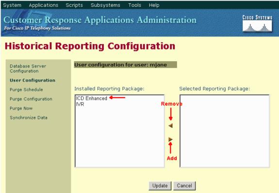 para o usuário e clique em >. 7. Para remover os pacotes de relatórios para o usuário, selecione o pacote de relatórios que deseja remover na lista Selected Reporting Packages e clique em <. 8.