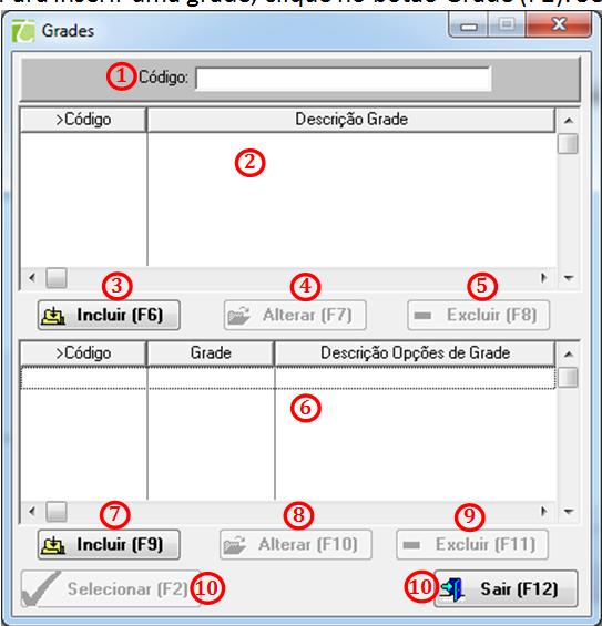 1. Código: Campo de busca que permite realizar uma pesquisa pelo código da grade, mas também é possível alterar o campo de busca; 2.