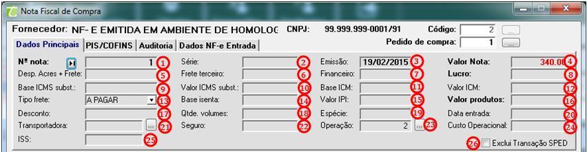 1. Fornecedor: Dados do fornecedor; 2. Código: Neste campo aparece o código do fornecedor, e também permite procurar o fornecedor; 3.