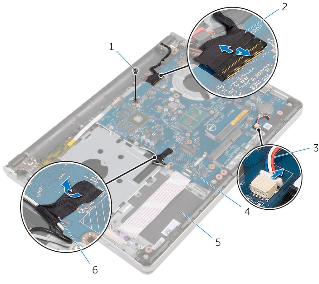 7 Retire o parafuso que fixa a placa de sistema ao conjunto do apoio para as mãos.