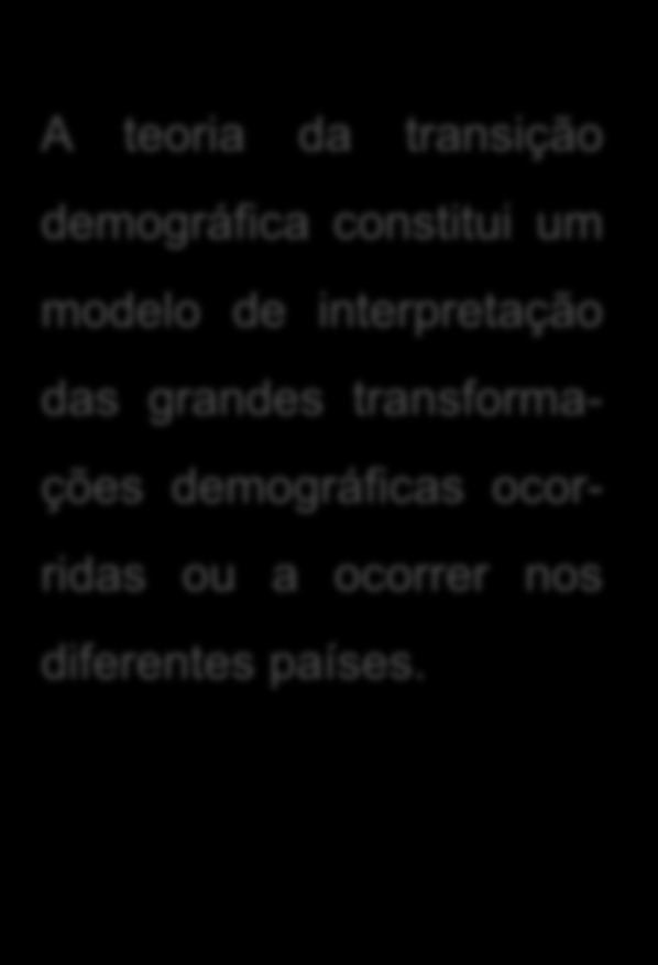 Transição demográfica A teoria da transição demográfica constitui um modelo de interpretação das grandes transformações demográficas ocorridas ou a ocorrer nos diferentes países.