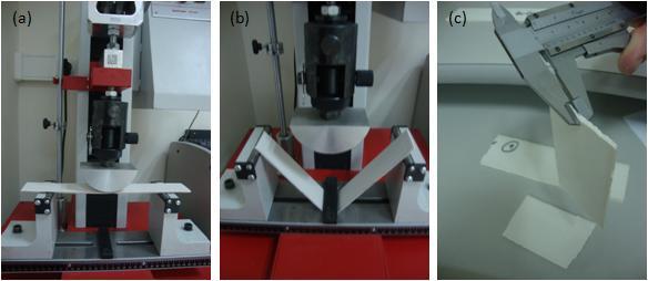 Figura 18: Ilustração geral do ensaio de deformação transversal. (a) Colocação do provete no aparelho, (b) Fractura do provete, (c) Medição da espessura do provete.