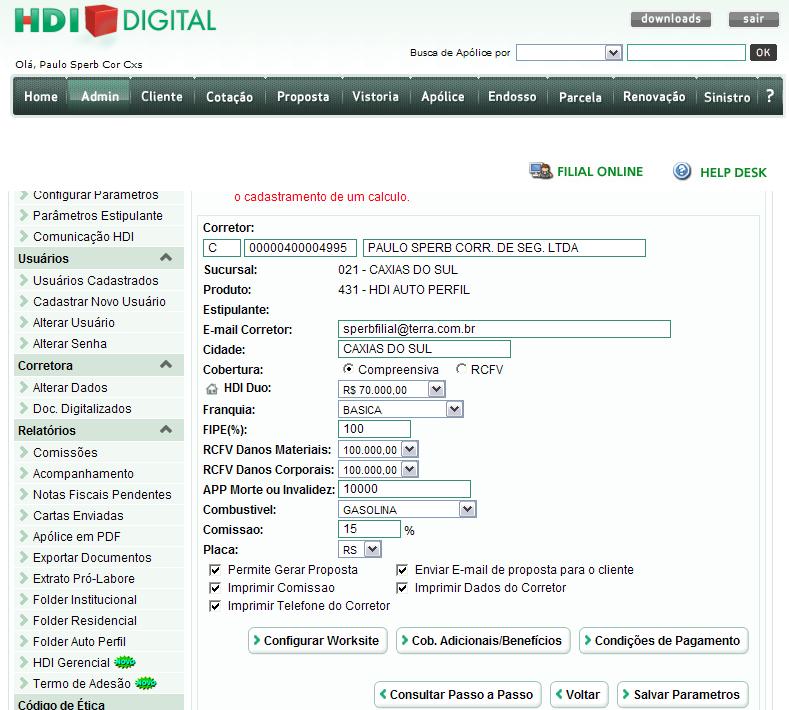 A página Configurar Parâmetros do HDI Digital é a que o usuário já utiliza para as cotações realizadas através do HDI Digital.