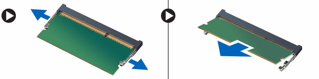 Como remover os módulos de memória 1. Siga os procedimentos descritos em Antes de trabalhar na parte interna do computador. 2. Remova a/o: a. tampa da base b. bateria 3.