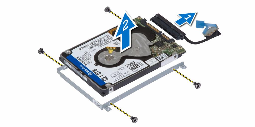 Como instalar o disco rígido 1. Alinhe os orifícios dos parafusos no suporte do disco rígido com os orifícios dos parafusos no disco rígido. 2.