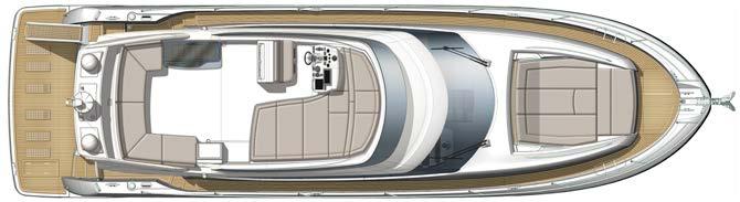 Flybridge Espaço para facilidade de movimento a bordo e seguro no flybridge Sofá com grande mesa Banco de comando para duas pessoas no leme Arco do radar Amplo solário Cozinha no Flybridge (Pia,