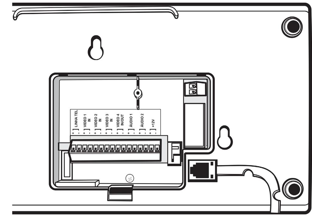 Visão posterior (aberto) 1 2 3 4 5 6 7 8 9 10 1. Entrada para linha telefônica 2. Entrada de vídeo do porteiro externo 1 3. Entrada de vídeo do porteiro externo 2 / câmera 2 4.