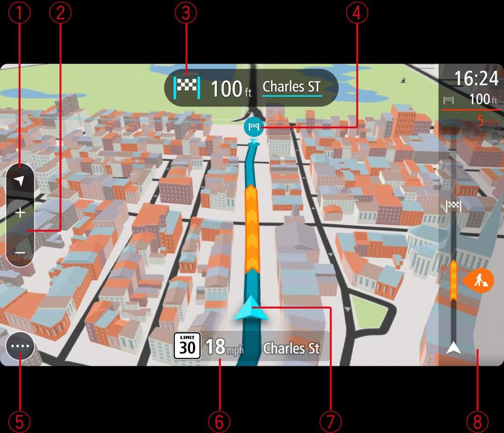 8. Informações de trânsito. Selecione o incidente de trânsito para exibir informações sobre o congestionamento. 9. Seu percurso, caso você tenha planejado um.