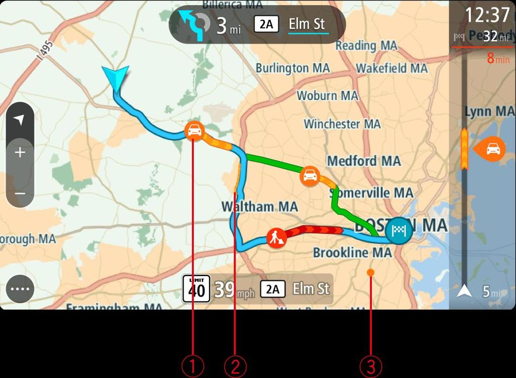 Dica: selecione um incidente no mapa para ver informações mais detalhadas. 1. Incidente de trânsito que afeta seu percurso na direção de sua viagem.