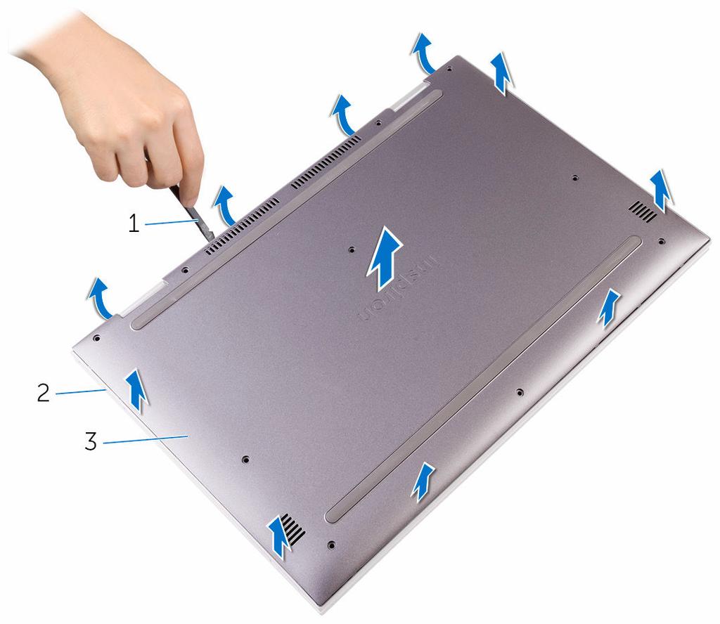 3 Utilizando um instrumento de plástico pontiagudo, levante a tampa da base do conjunto do teclado e apoio