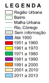 Fonte: SEMADUR, recorte da autora. No centro da cidade há predominância da ocupação até 1950; a oeste, ainda na década de 1950 nota-se a ocupação dos bairros mais próximos da área central.