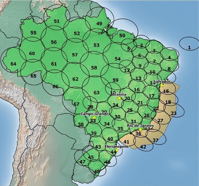 SGDC - Cobertura em banda Ka Feixes de 350 e 700 km de diâmetro; 67 Feixes 4+1