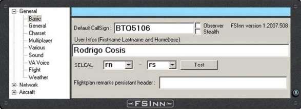Clique na aba BASIC e preencha o item DEFAULT CALLSIGN com a MATRICULA do voo ex(glo, KLM, WEB, VSP, LAN) e USER INFOS