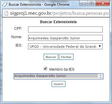 A seguir, busque o membro (previamente cadastrado no SIGProj) por