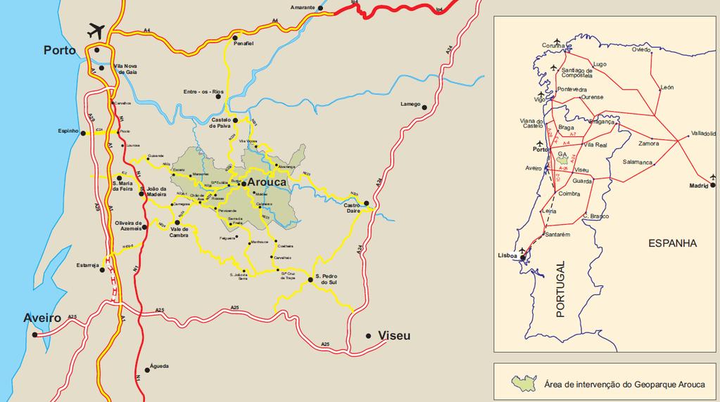 IV - ENQUADRAMENTO GEOGRÁFICO O Geoparque Arouca abrange uma área de 328 km 2, coincidindo com os limites do concelho de Arouca (distrito de Aveiro), e integrando-se na sub-região de Entre