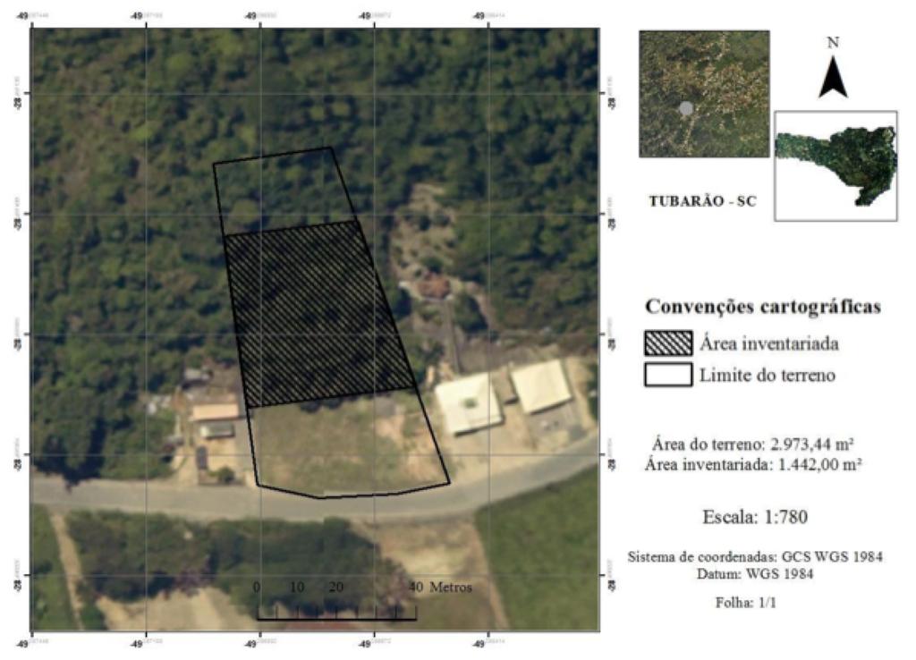 Figura 1. Localização e limite da área total e área do levantamento. Figure 1. Location and limit the total area and the survey area.