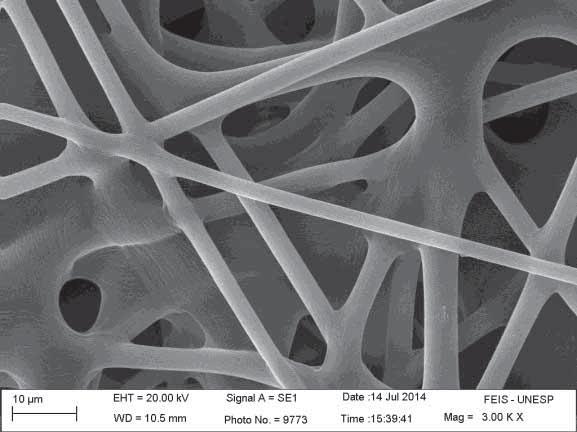 2 Microscopia eletrônica de varredura das mantas de PVDF/TiO 2 Após identificar a melhor concentração de PVDF para a produção de nanofibras, o próximo passo foi incorporar nanopartículas de dióxido