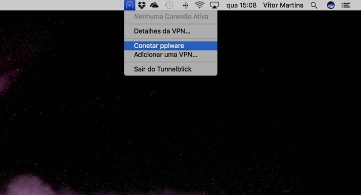 Ligar e Desligar 1. Para abrir uma nova ligação VPN, clique na barra de menus, no topo do ecrã, no ícone do Tunnelblick e seleccione a opção Conetar (nome da VPN). 2.