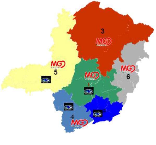 Coordenações Regionais de transplante no Estado de Minas Gerais e população, 2014 1-CNCDO Metropolitana com sede em Belo Horizonte (7,727*) 2- CNCDO Zona da Mata com sede em Juiz de Fora (2,193*), 3-