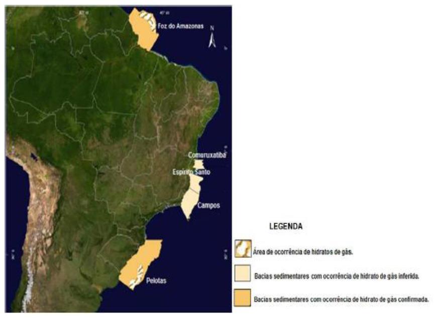 Aspectos Teóricos Conforme VIRGENS (2011), em território brasileiro, os hidratos de gás são encontrados em margens continentais com altas taxas de sedimentação, as quais asseguram rápido soterramento