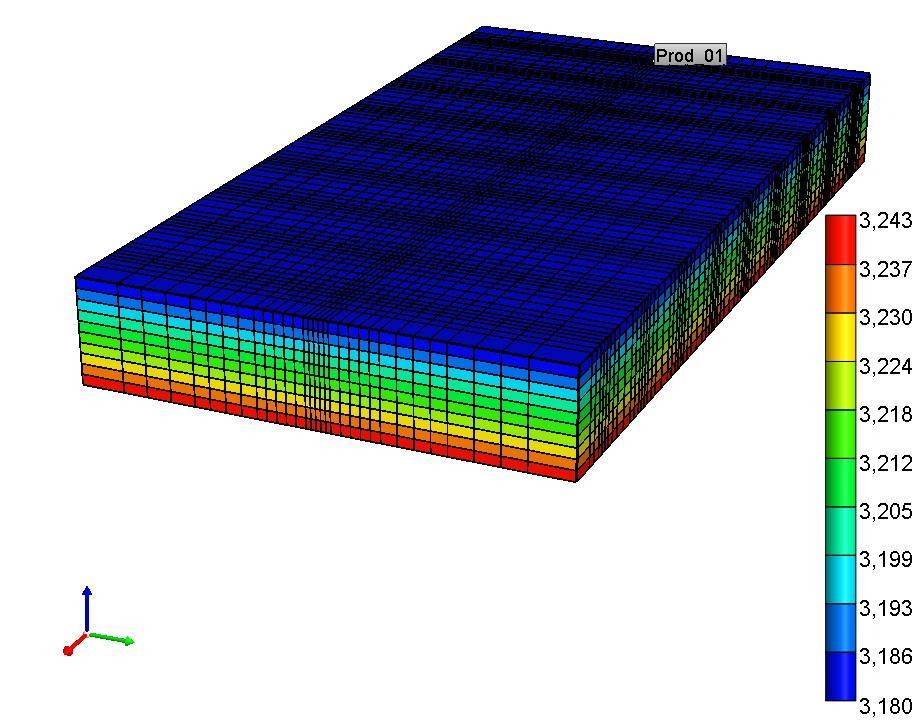 Materiais e Métodos A Figura 3.4 apresenta o modelo base do reservatório em 3D. Figura 3.4: Modelo base do reservatório em 3D. A legenda de cores representa a profundidade.