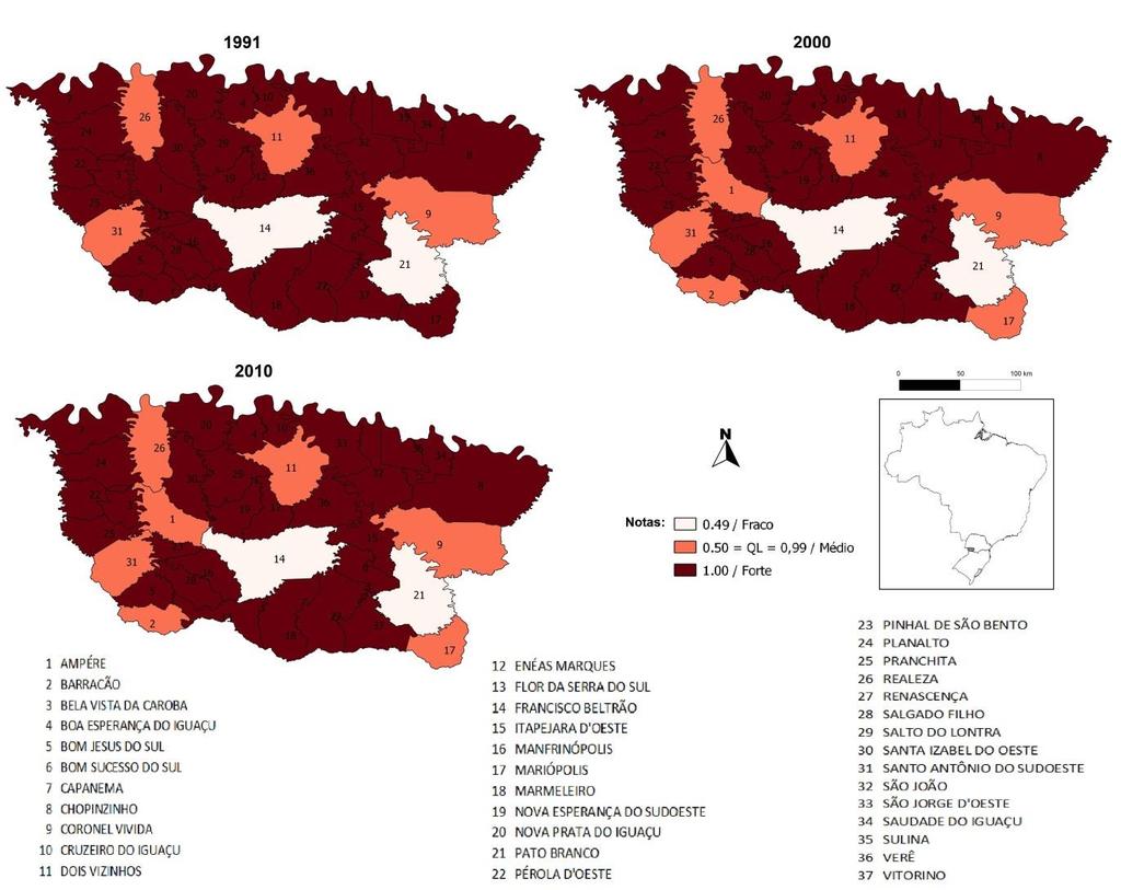 Nela verifica-se que a região Sudoeste do Paraná ainda concentra significativa população rural em seus municípios, e mais, confrontando-se esta figura com a Figura 1 percebese que a área é menos
