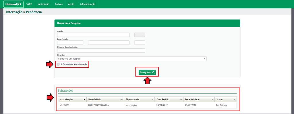 Não habilitado o checkbox Data Alta hospitalar: Informação Importante: O