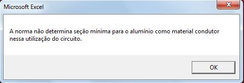 Figura 4.19 Mensagem informando que a norma não determina seção mínima no caso selecionado para material do condutor de alumínio Figura 4.