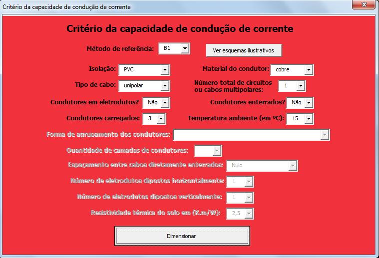 Após o preenchimento de todos os campos necessários e pressionar o botão dimensionar, o usuário é redirecionado a tela de dimensionamento do circuito e o valor da seção dimensionada pelo critério