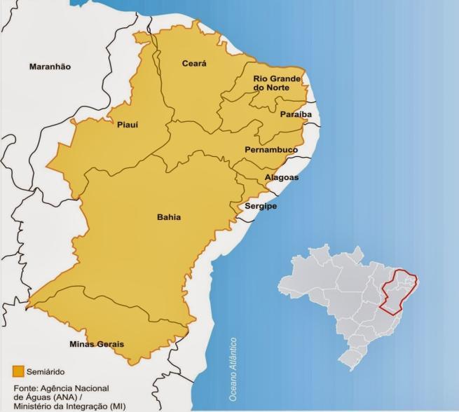 Figura 1 - Região de abrangência do Polígono das Secas, em destaque. Fonte: RODRIGUES, 2014.
